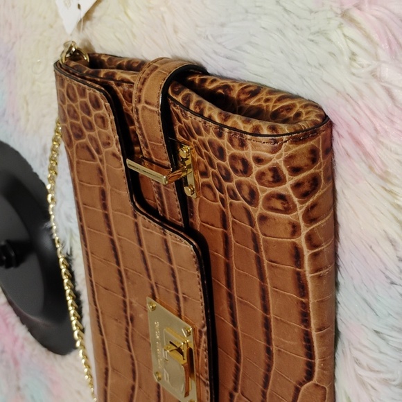 NWT Michael Kors Astrid Walnut XL Genuine Leather Clutch W Chain Strap - Picture 7 of 12